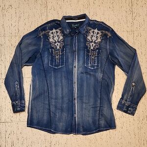 Roar Navy Blue Affliction Style Button Down Long Sleeve Dress Shirt Vintage Y2K
